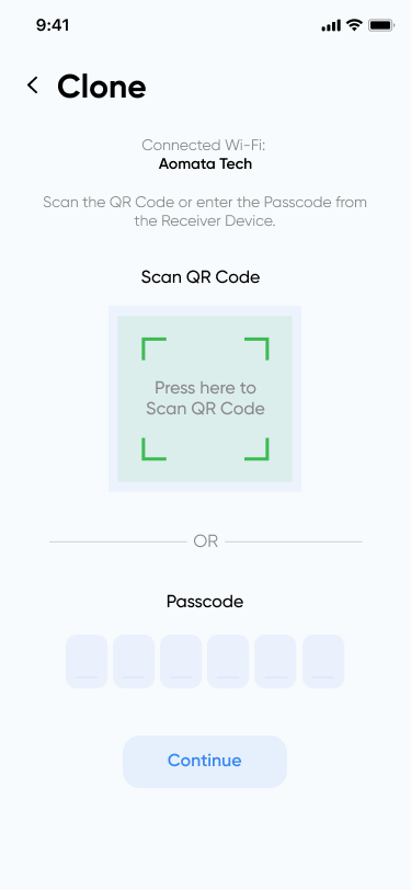 Clone QR code screen showing options to scan QR or enter passcode.